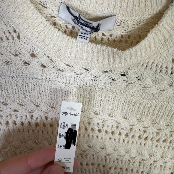 Madewell Scalloped-Trim Sweater Tee Sz 2XS Sand Crewneck Crop Open Knit Pullover - Picture 6 of 9